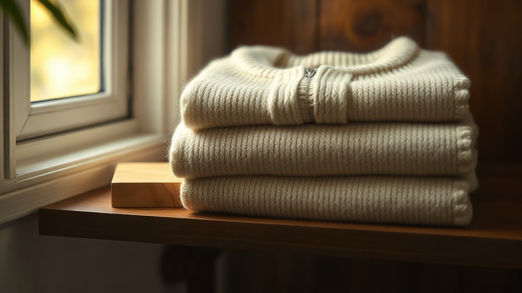 Folded ivory cashmere half-zip sweater on a dark wood shelf, fine-gauge knit texture visible in soft morning light