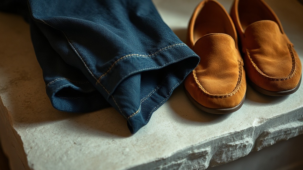 Dark indigo straight-leg denim folded beside tan suede loafers on a pale stone surface, rich fabric textures in warm light