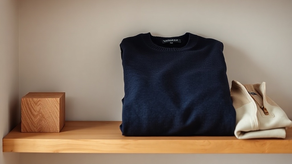 Folded merino crewneck and cashmere half-zip on a wooden shelf with cedar block and cotton storage bag