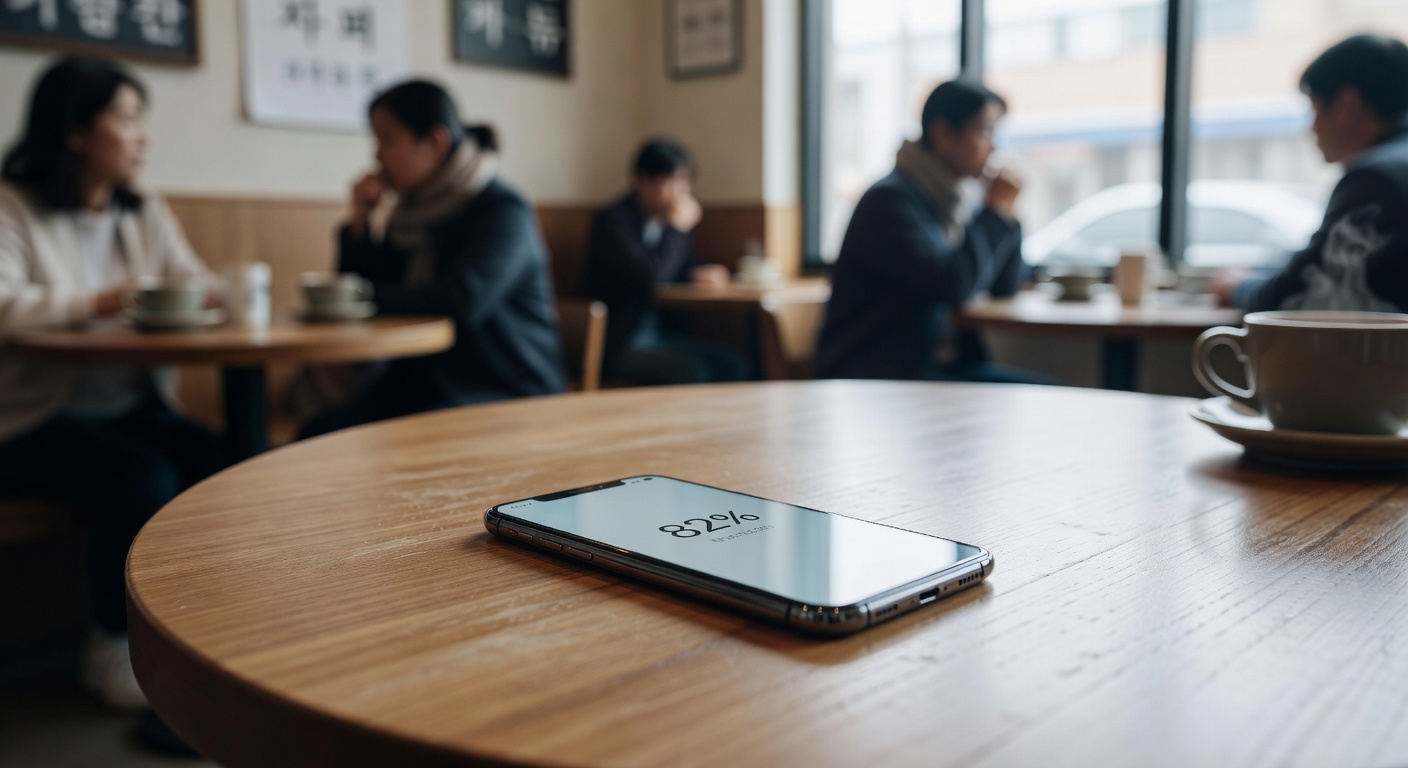 smartphone battery percentage display on a cafe table