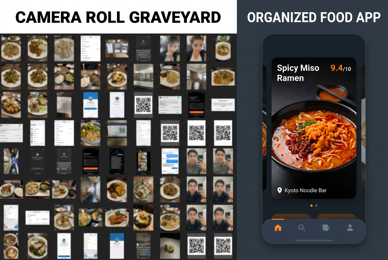 Comparison of a cluttered smartphone camera roll versus an organized food spotting app interface showing dish ratings and location data.