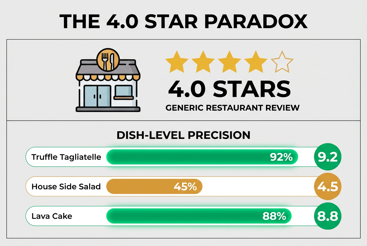 A data visualization comparing a single restaurant star rating against specific dish-level ratings using horizontal progress bars for accuracy.