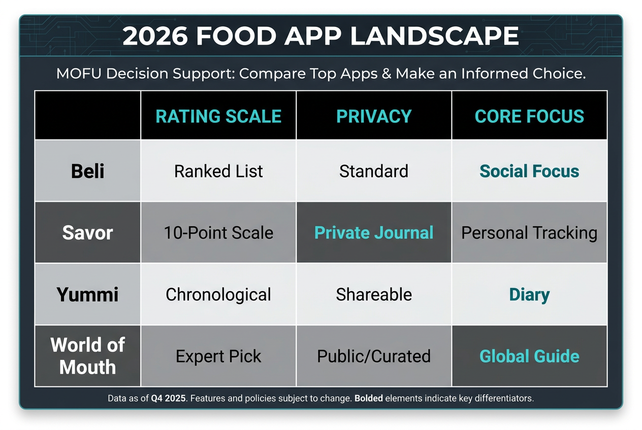 A professional comparison matrix table showing features like rating scales and privacy for Beli, Savor, Yummi, and World of Mouth apps.