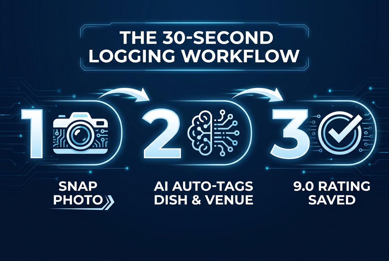 A three-step process diagram showing the quick workflow of snapping a photo, AI auto-tagging, and saving a dish rating in 30 seconds.