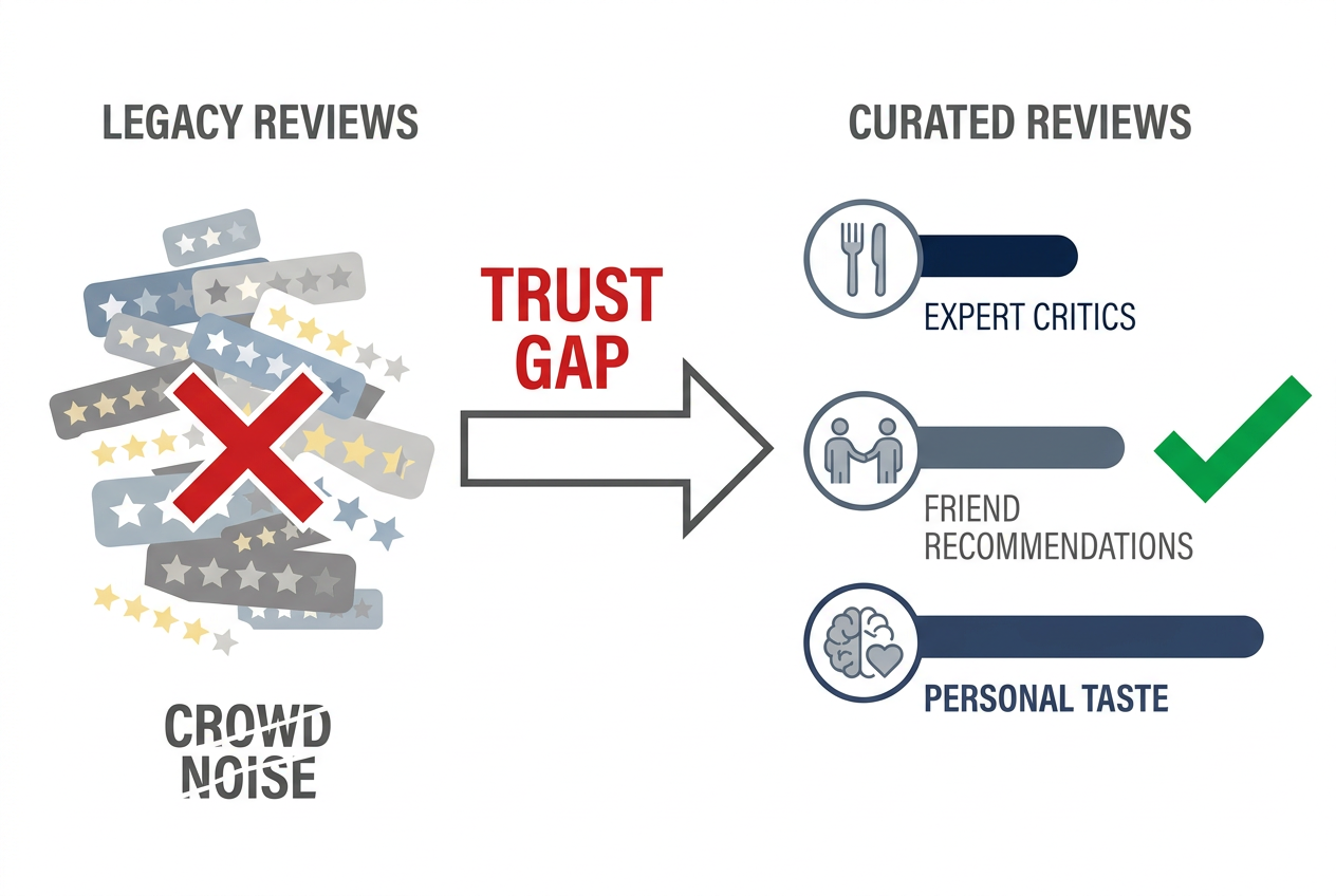 An infographic showing the evolution from generic five-star crowd ratings to curated expert and personal food review models for modern diners.