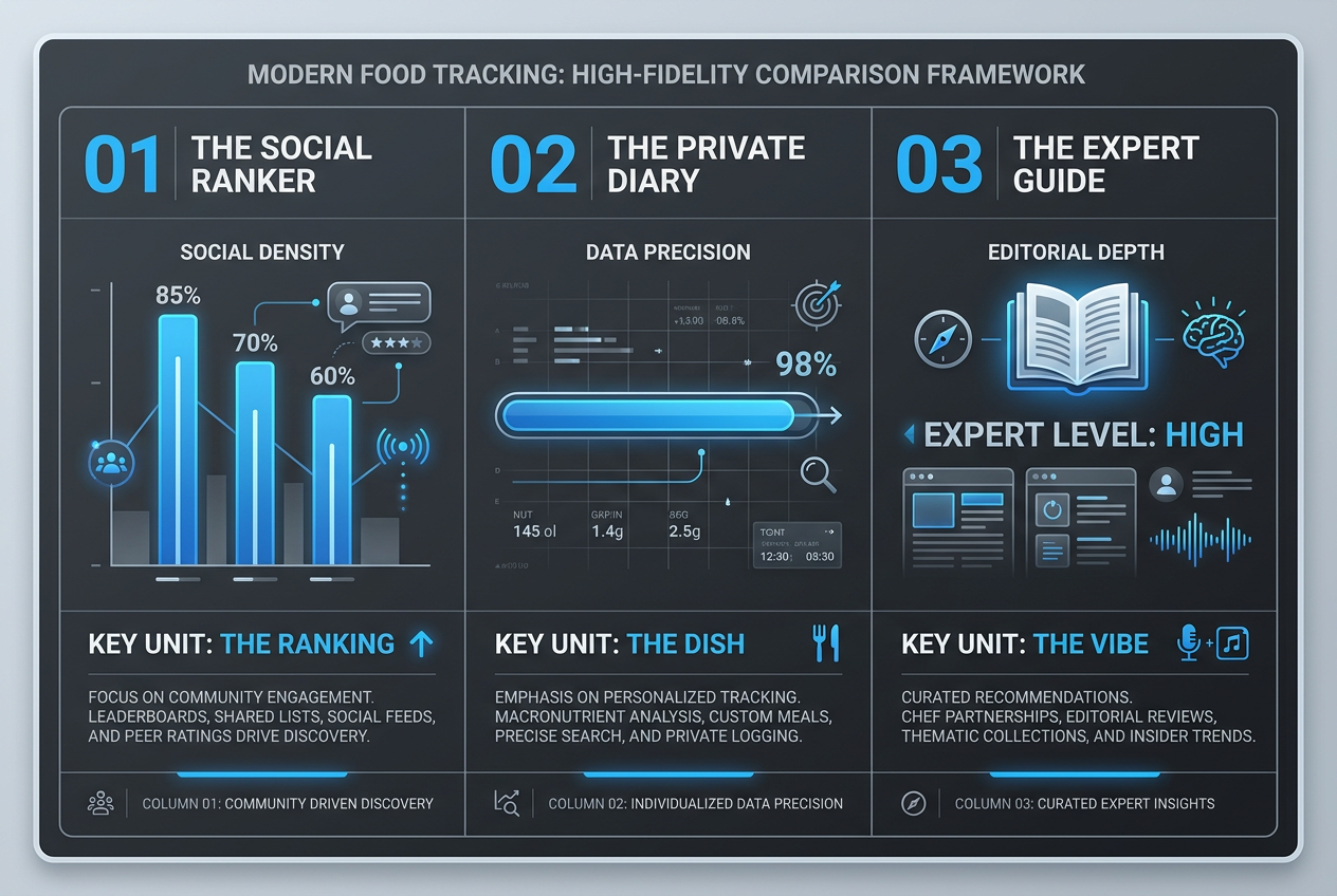 A comparison chart of food app archetypes including social ranking, private dish-level tracking, and editorial expert guides for food enthusiasts.