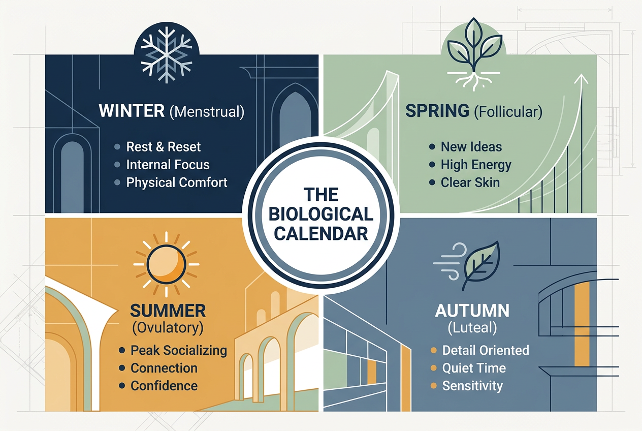 An infographic mapping the four menstrual cycle phases to the seasons: Winter (Menstrual), Spring (Follicular), Summer (Ovulatory), and Autumn (Luteal).
