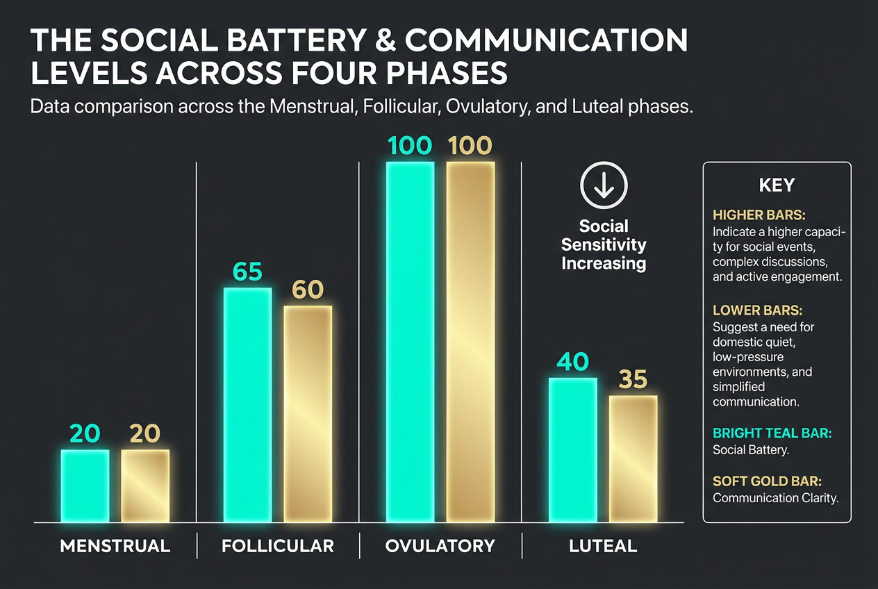 A bar chart illustrating the social battery and communication clarity levels across the four phases of a menstrual cycle, peaking during ovulation.