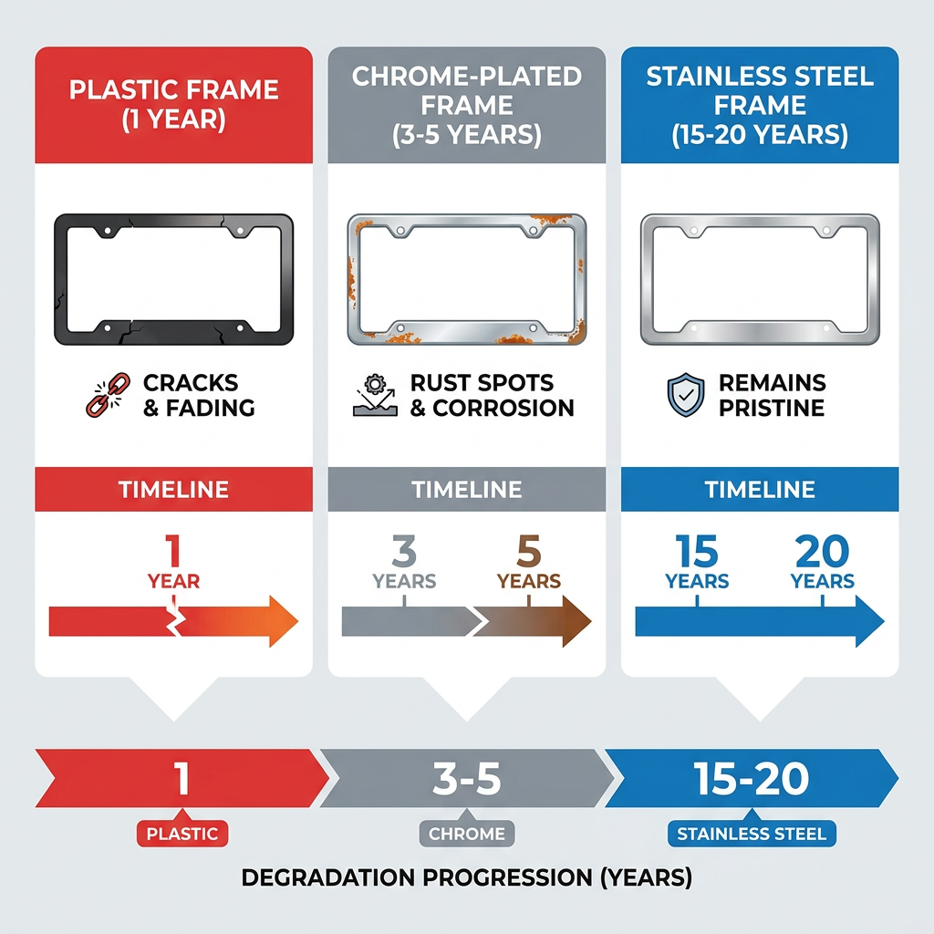 Best Custom License Plate Frames: 15 Standout Options That Actually Protect Your Plates 2 Material comparison visual showing frame durability over time