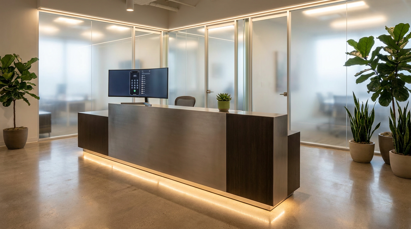 Moderne kantoor receptie met lege balie en computerscherm, symbool voor het inhuren van een receptionist