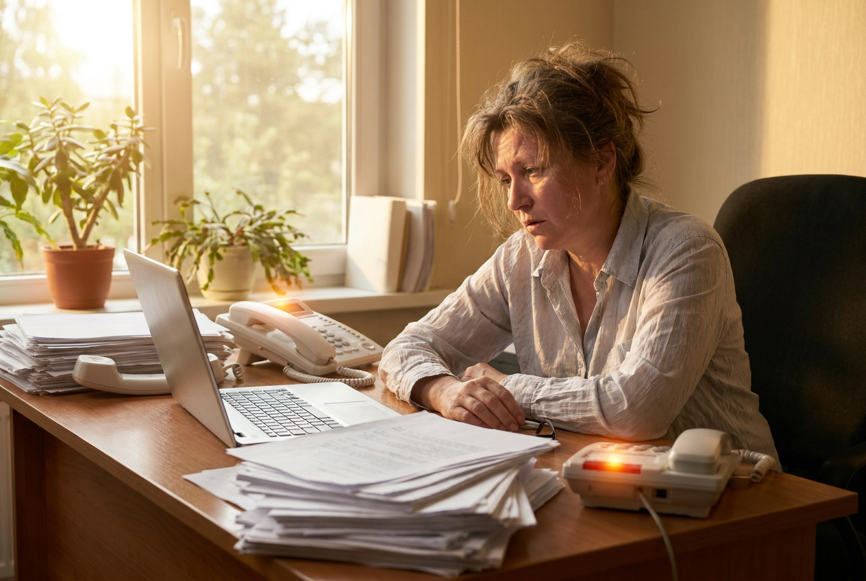 Ondernemer die alleen aan bureau zit met meerdere telefoons, symbool voor overweldiging door telefoontjes