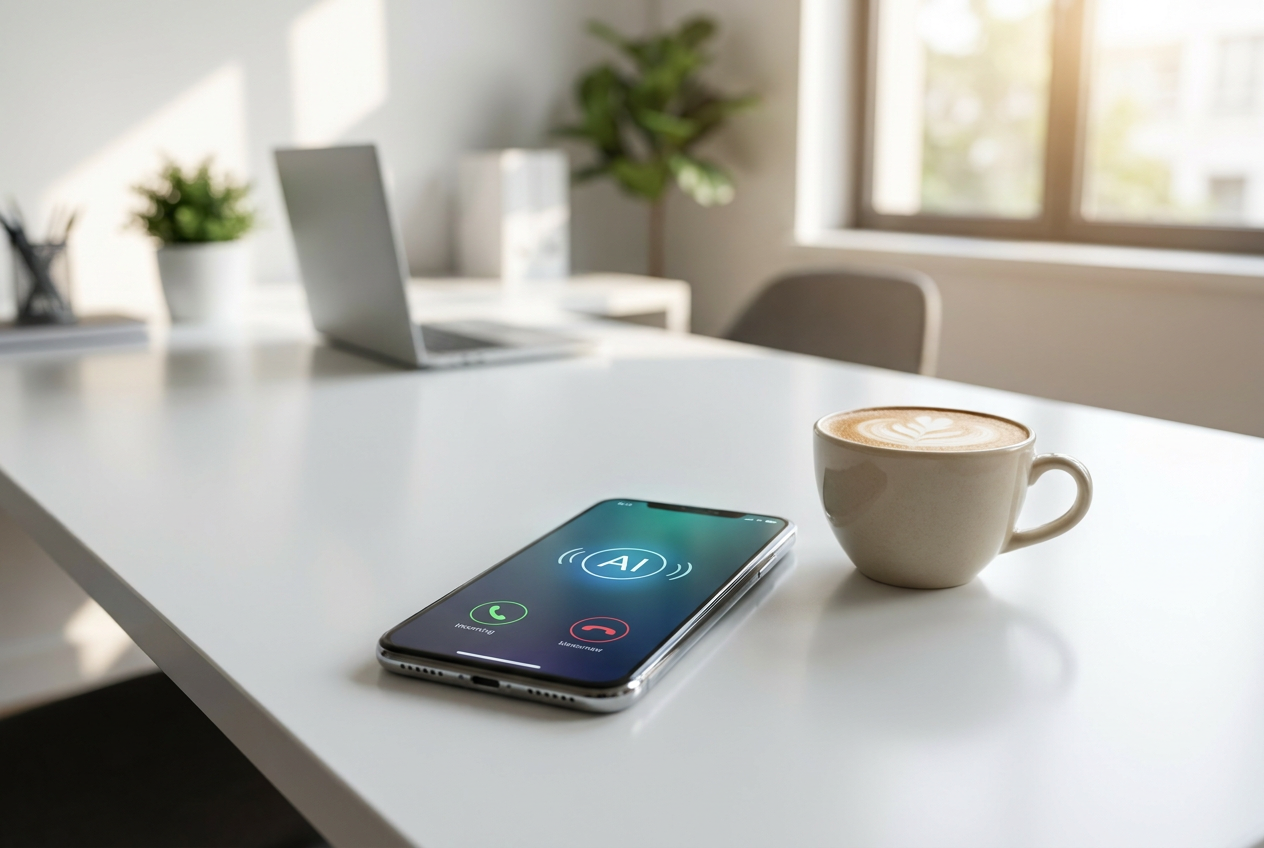 Smartphone met AI assistent interface op een bureau, symbool voor moderne AI receptionist