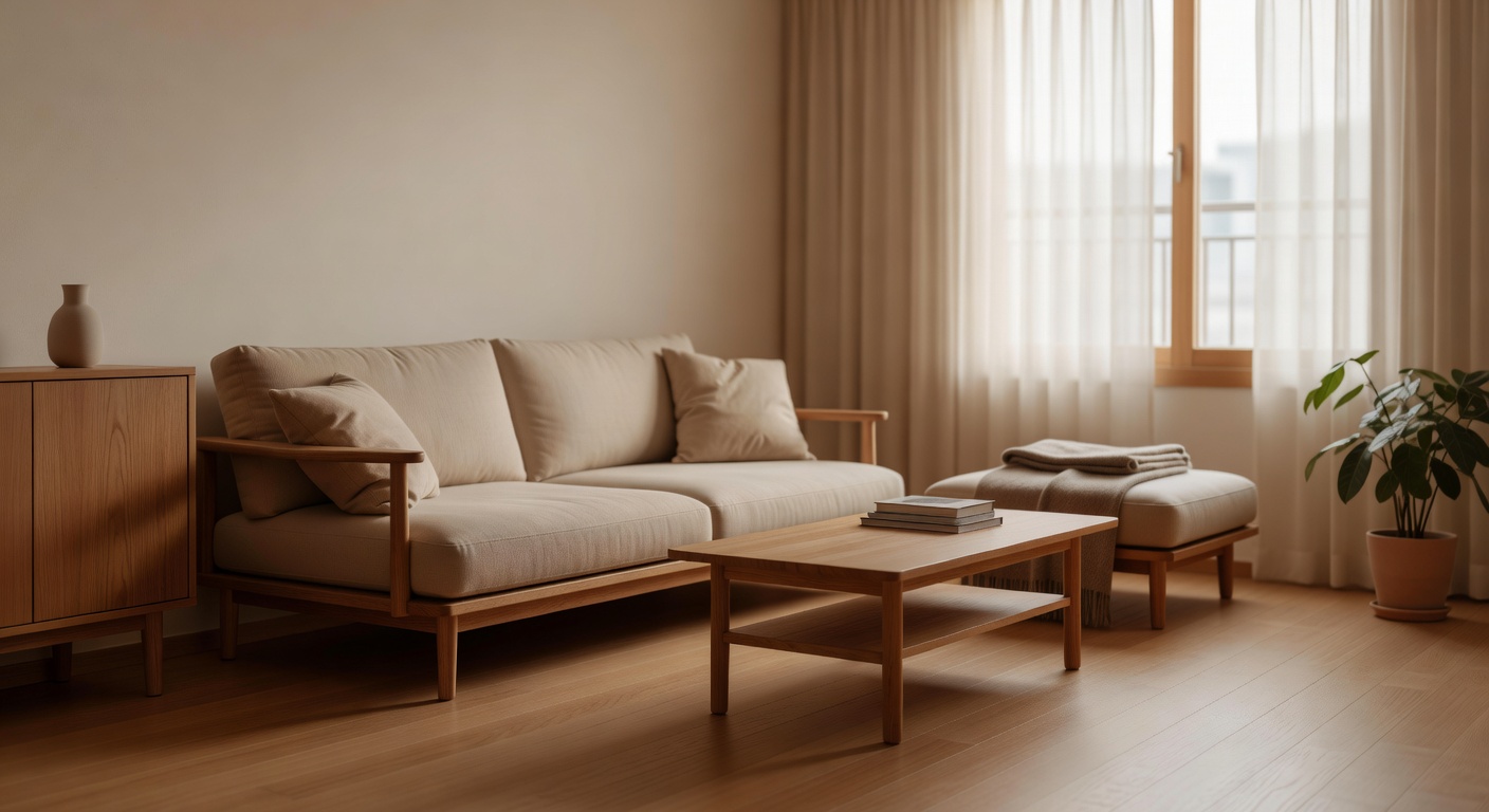 cozy Korean living room with warm indirect lighting, wooden furniture and minimalist decor