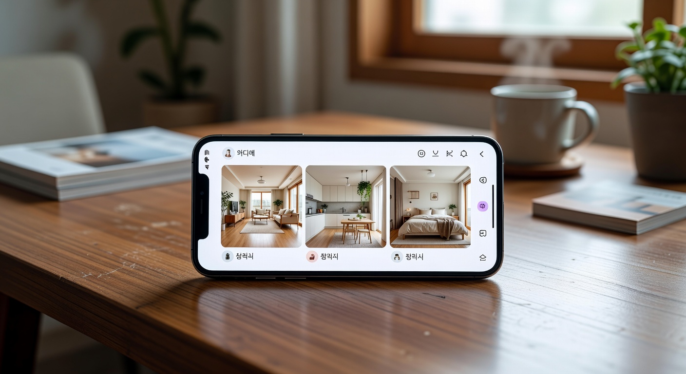 smartphone screen showing interior design app with bookmarked room photos on a wooden desk