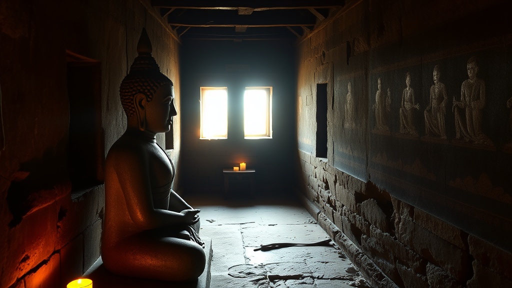 Statue de Bouddha en bhumisparsha mudra dans le couloir obscur d'un temple de Bagan, éclairée par la lumière naturelle
