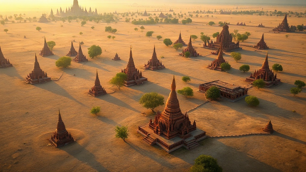 Vue aérienne de la plaine de Bagan avec ses centaines de temples et stupas en briques rouges au lever du soleil