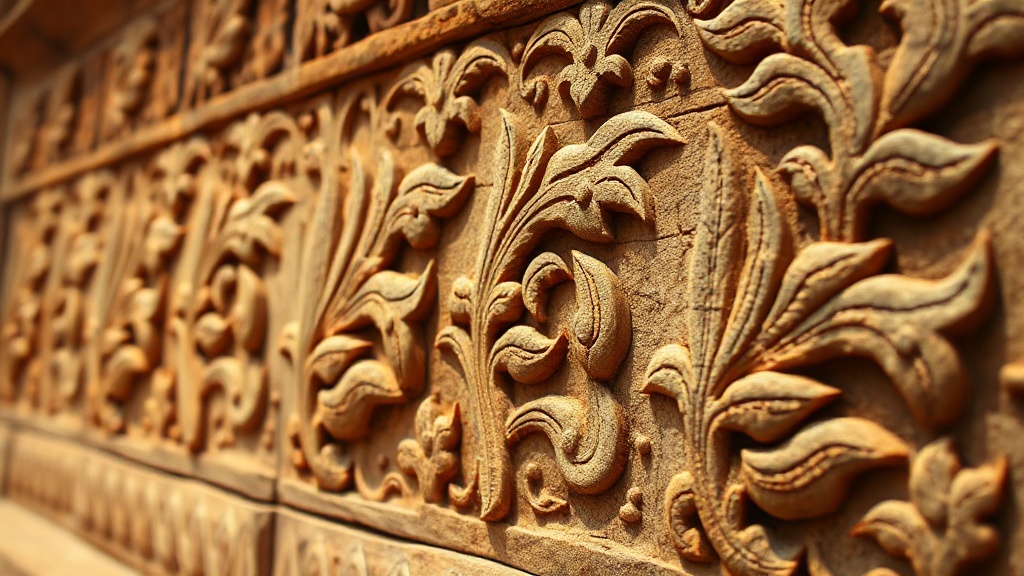 Détail de stuc sculpté représentant des motifs floraux et des Jatakas sur la façade d'un temple de Bagan