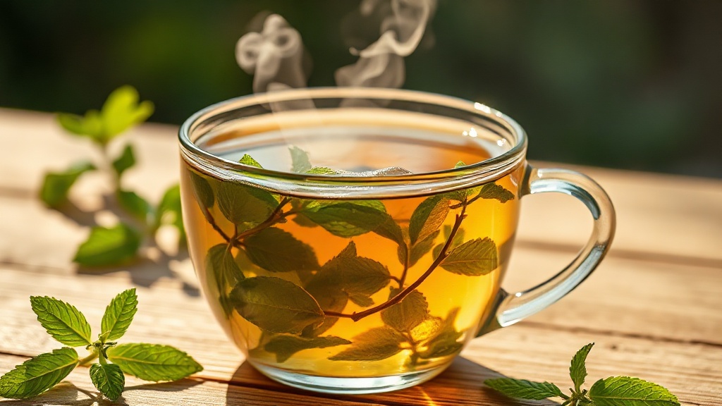 Infusion de menthe poivrée dans une tasse en verre avec feuilles fraîches flottantes