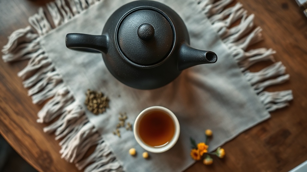 Théière en fonte japonaise avec tasse de thé digestif et herbes séchées