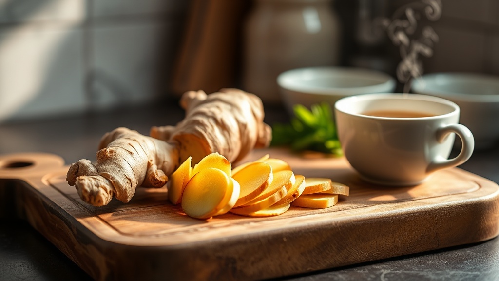 Tranches de gingembre frais à côté d'une tasse de thé au gingembre fumant