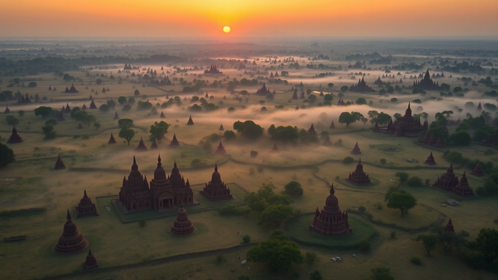 Vue de la plaine archéologique de Bagan au lever du soleil avec ses milliers de stupas