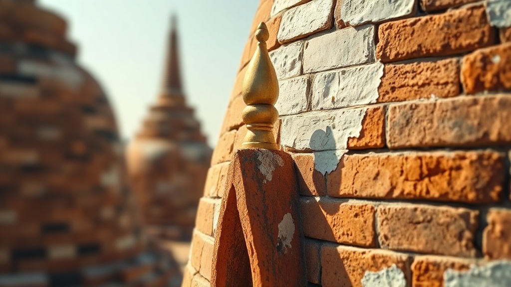 Détail architectural d'un stupa en briques de Bagan avec finial doré