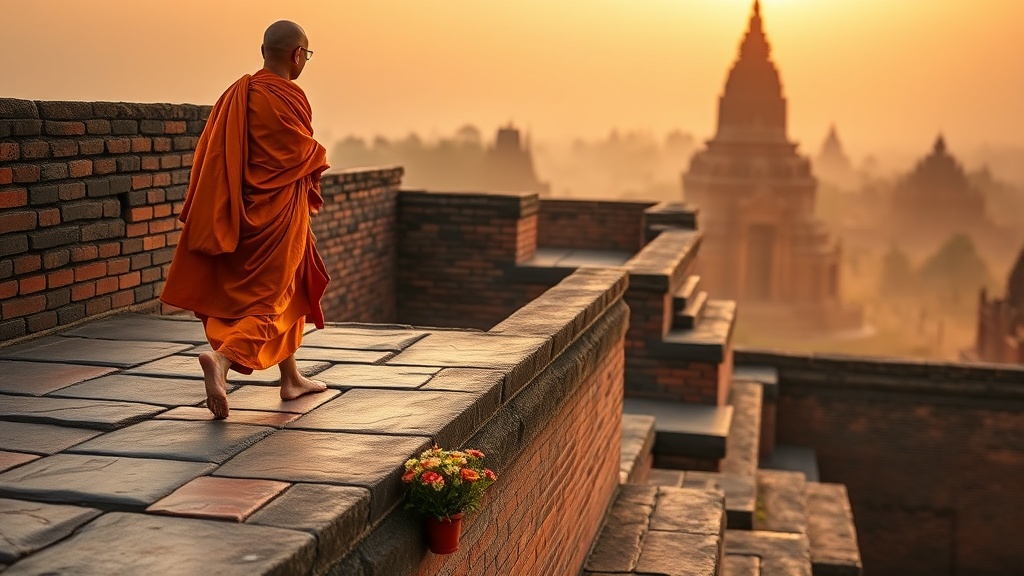 Moine birman en robe safran lors de sa circumambulation matinale autour d'un stupa de Bagan
