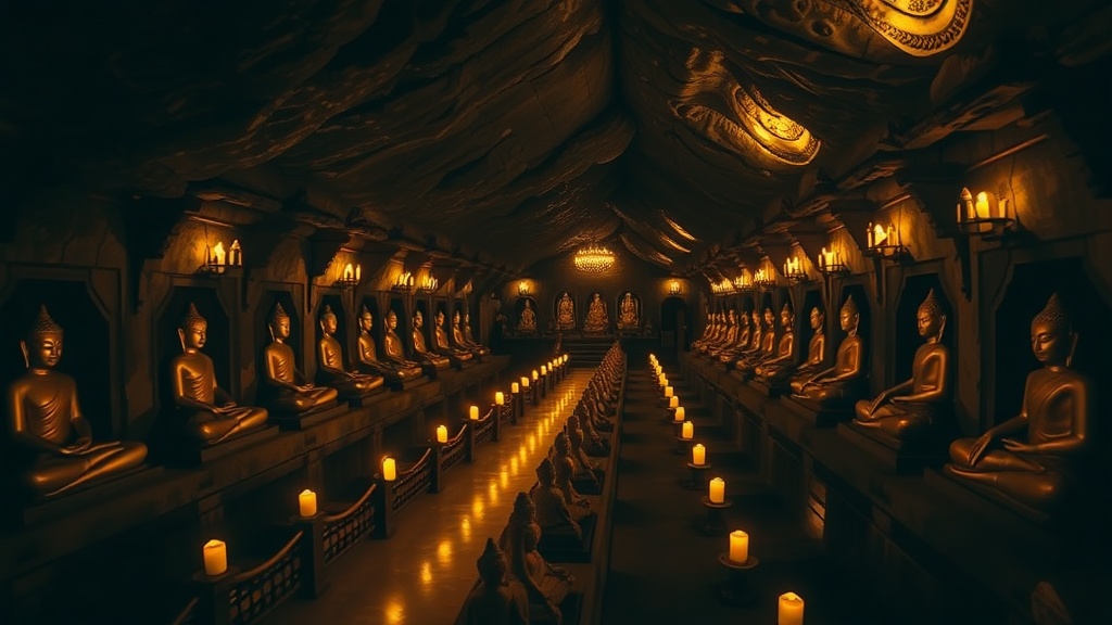 Rangées de statues de Bouddha dorées en position Bhumisparsha mudra dans les niches taillées de la grotte