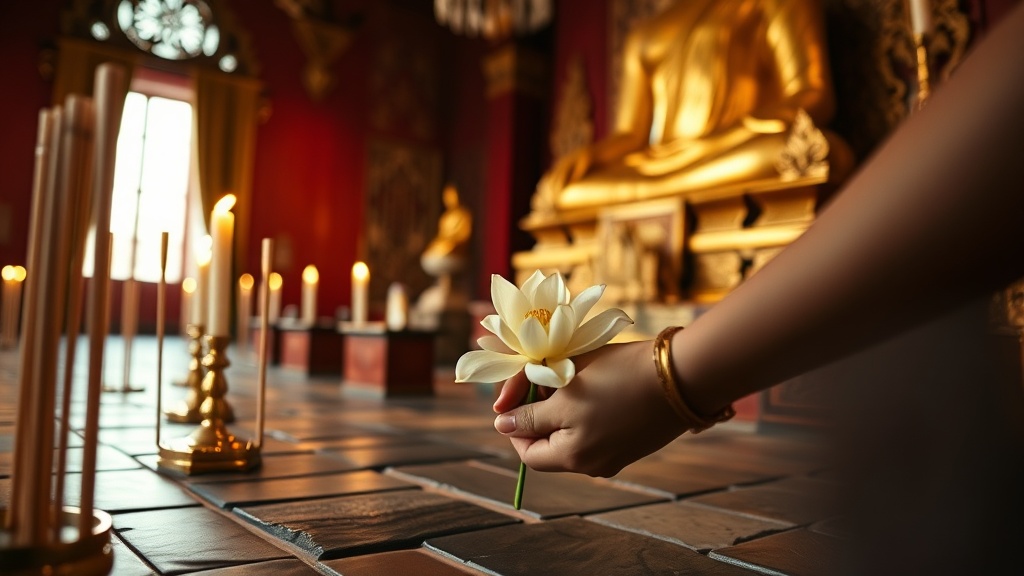 Mains déposant une fleur de lotus blanche en offrande devant une statue de Bouddha dorée dans un temple birman