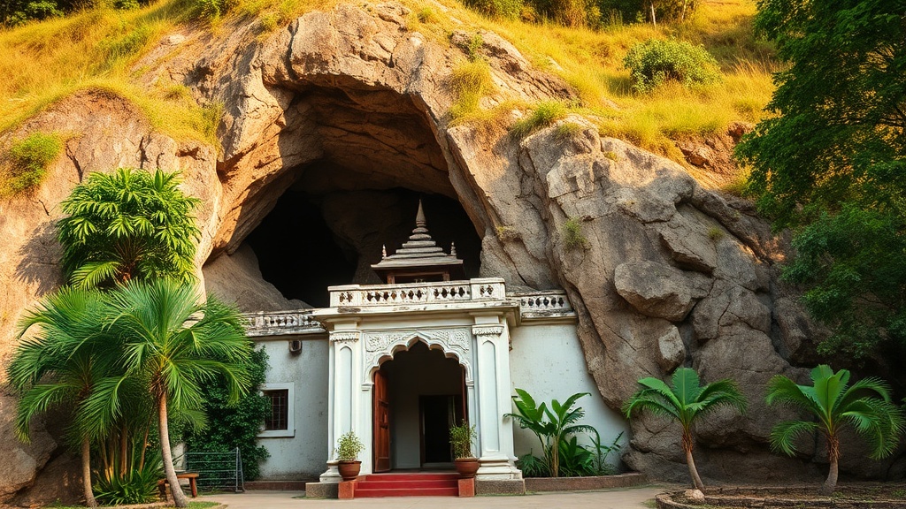 Entrée du temple-grotte Alopyi-gu-hpaya, façade blanche avec flèche dorée taillée dans la colline, Myanmar