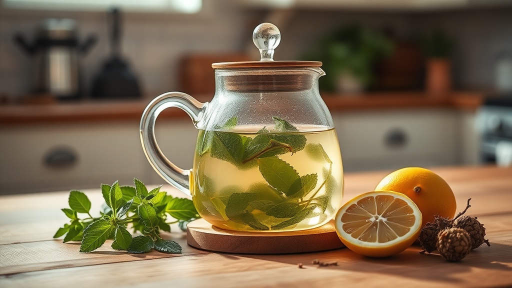 Théière en verre avec une infusion de plantes douces, verveine et menthe, pour le rituel thé adapté enceinte