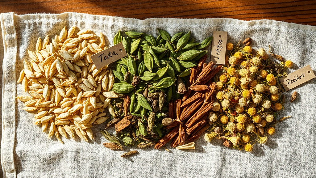 Différents types de thés et infusions étalés sur un tissu en lin, comparaison visuelle pour femme enceinte
