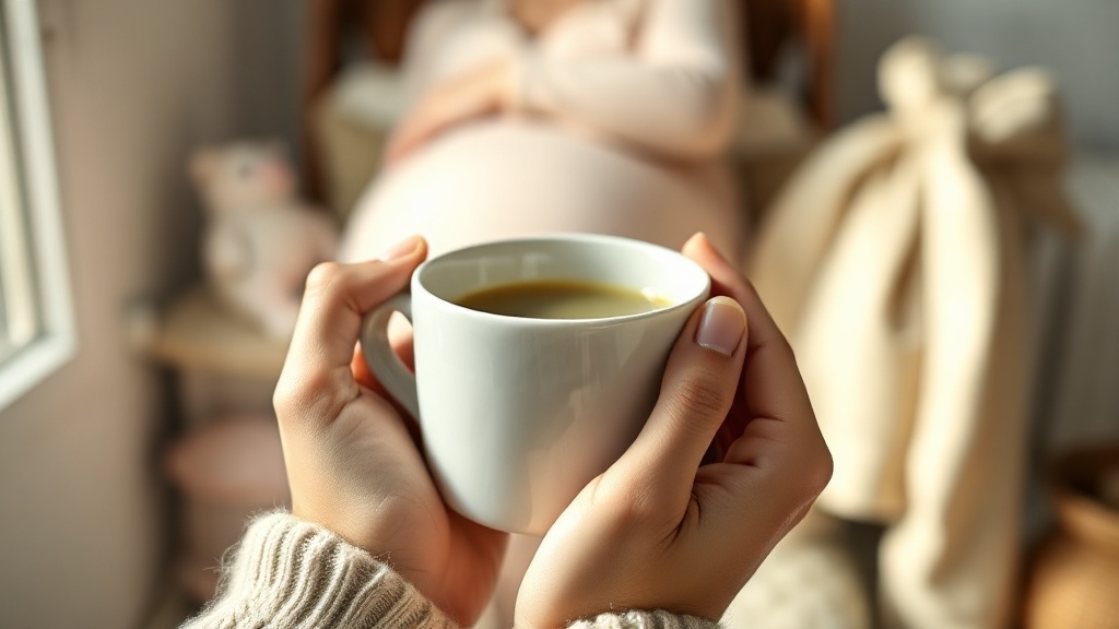 Mains tenant une tasse de thé vert léger pendant la grossesse, ambiance douce et apaisante