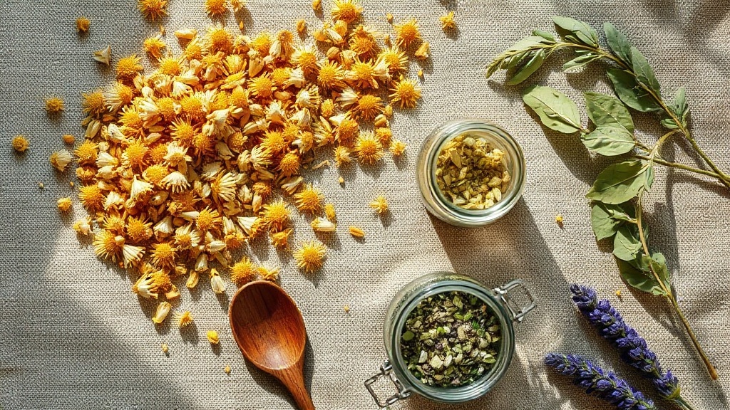 Plantes séchées pour infusion du soir : camomille, tilleul, mélisse et lavande sur tissu lin