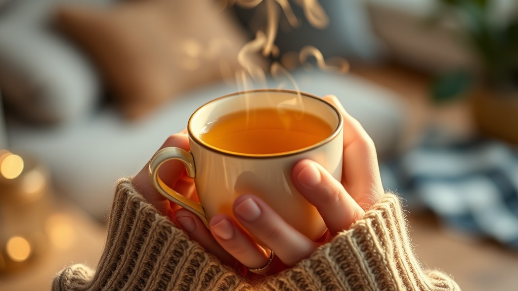 Mains tenant une tasse de tisane chaude le soir, rituel apaisant avant de dormir