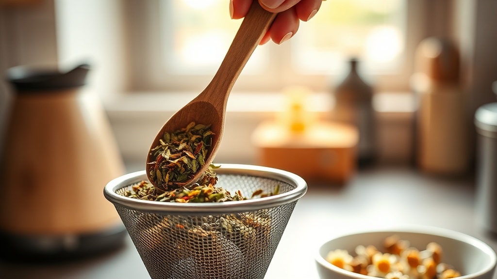 Mélange de plantes en vrac dosé dans un infuseur pour une tisane bonne nuit