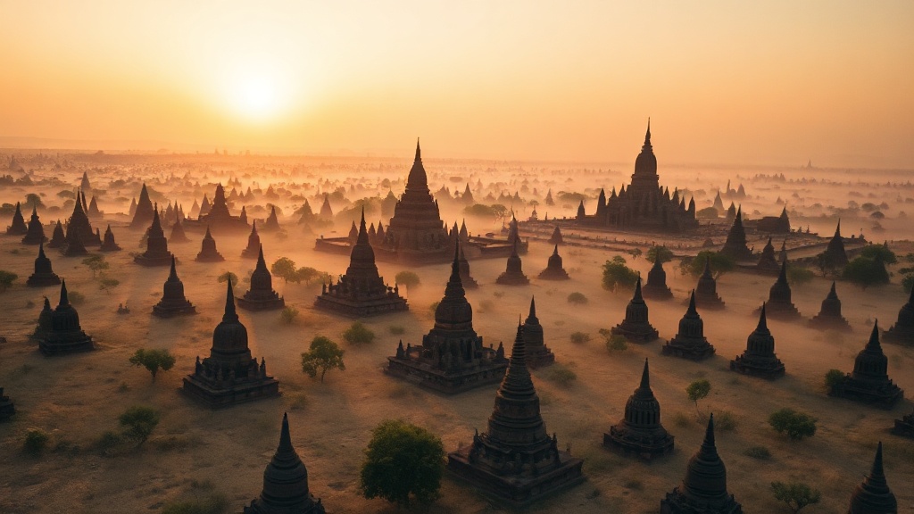 Vue panoramique de la plaine de Bagan au lever du soleil avec ses centaines de temples en briques rouges