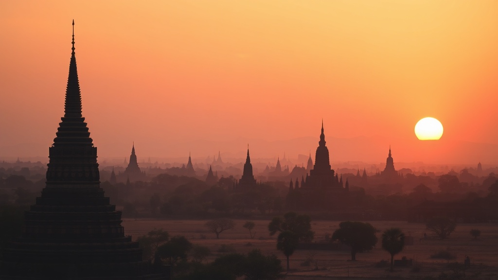 Vue panoramique des temples de Bagan au coucher du soleil, dont le Temple de l'Ananda