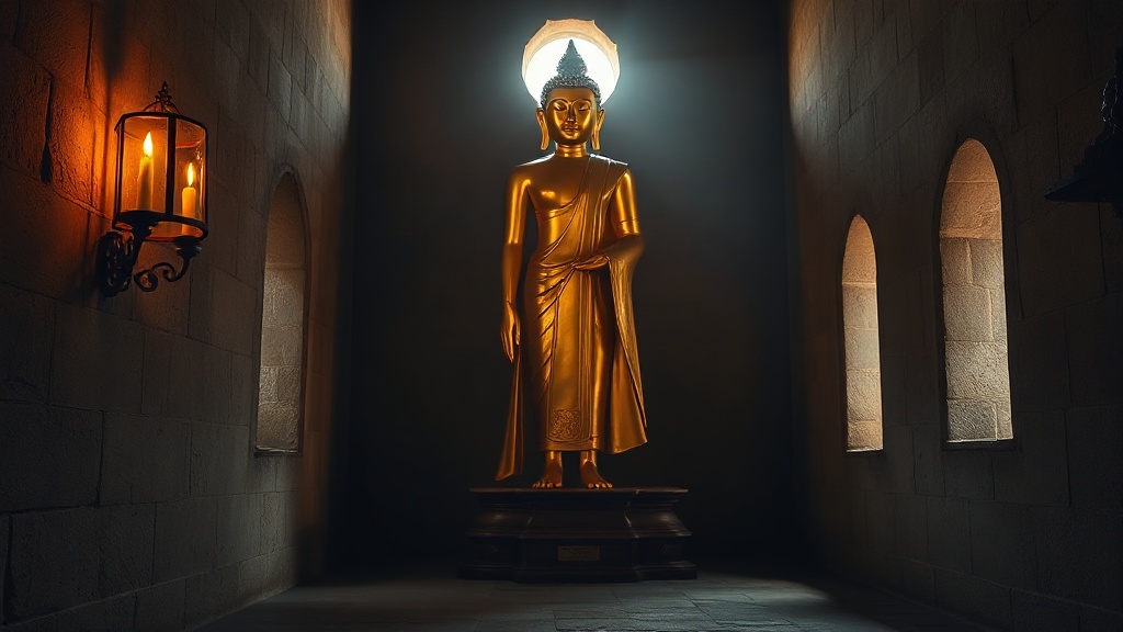 Statue monumentale dorée du Bouddha debout dans une galerie du Temple de l'Ananda
