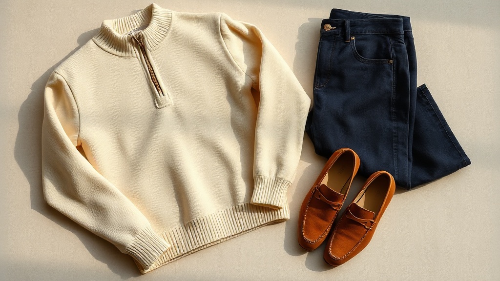 Cream cashmere half-zip sweater paired with dark denim jeans and tan suede loafers on a linen surface