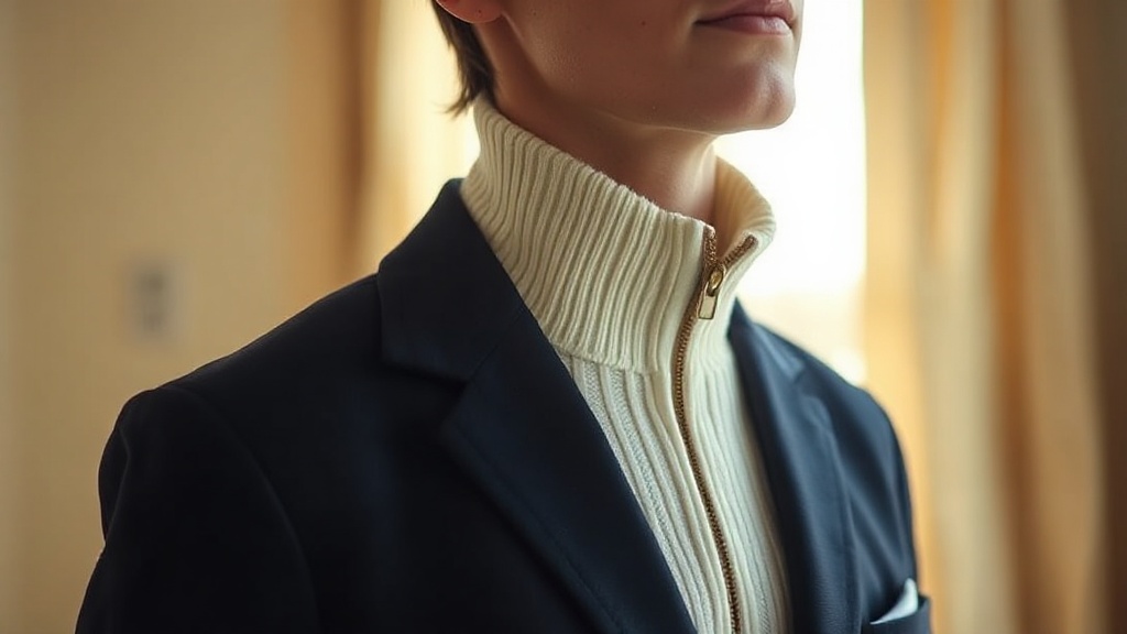 Cream cashmere half-zip with closed zip visible above a navy blazer lapel, smart casual office look