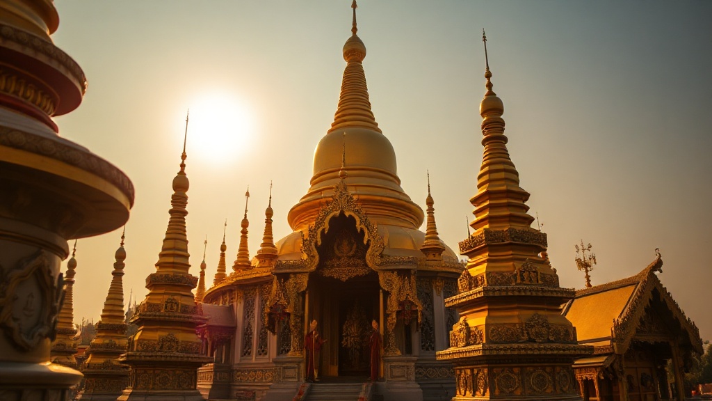 Pagode Shwedagon à Yangon, stupa doré sous la lumière matinale