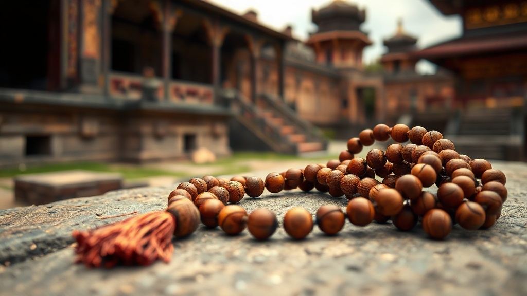 Chapelet mala bouddhiste posé sur une pierre de temple ancien en Birmanie