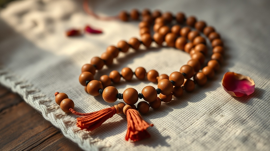 Mala tibétain en bois de santal avec 108 perles posé sur un tissu de lin naturel