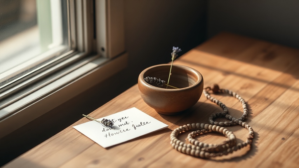 Objet de méditation quotidien : mala, bol et note d'intention sur une surface en bois brut