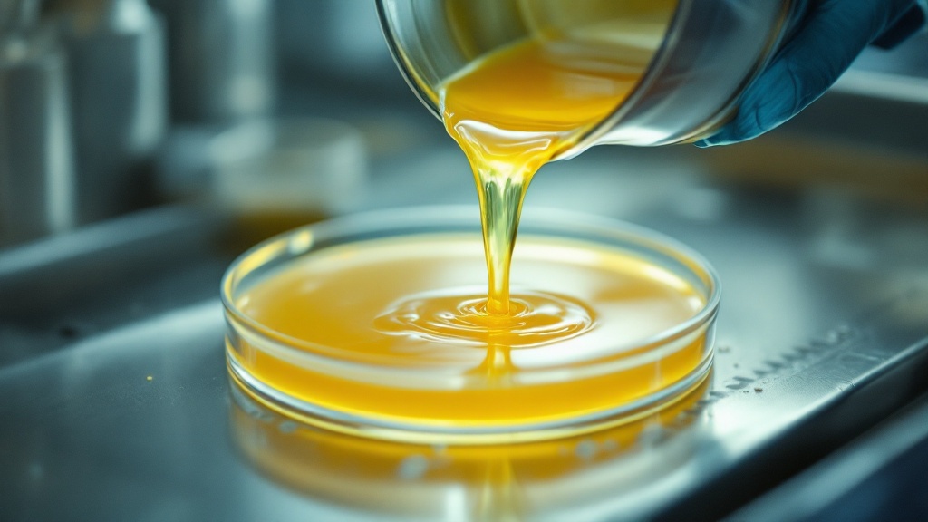 Vertido de agar fundido en placas Petri en laboratorio de micología