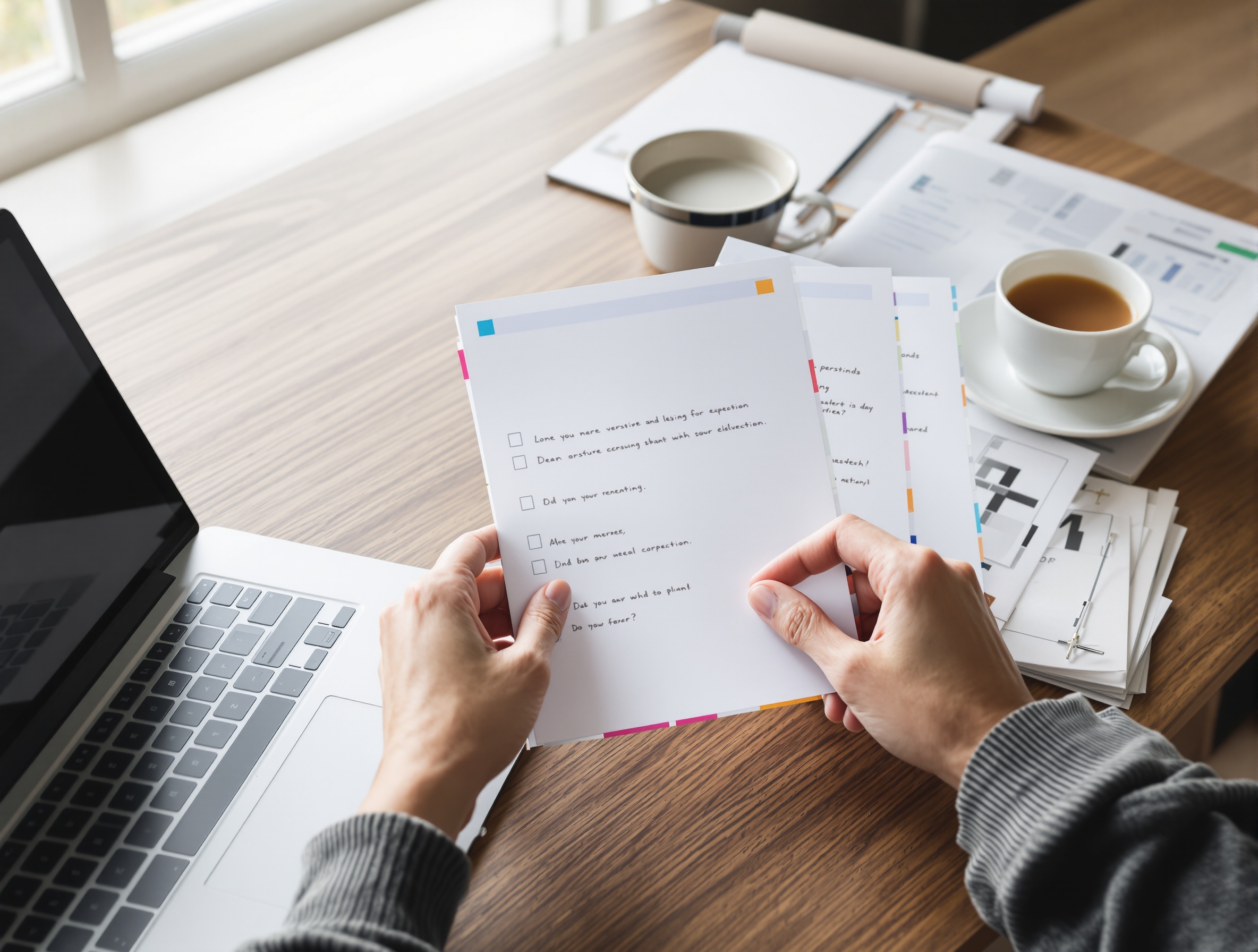 Hands comparing checklists to evaluate AI tool costs and workflow steps.