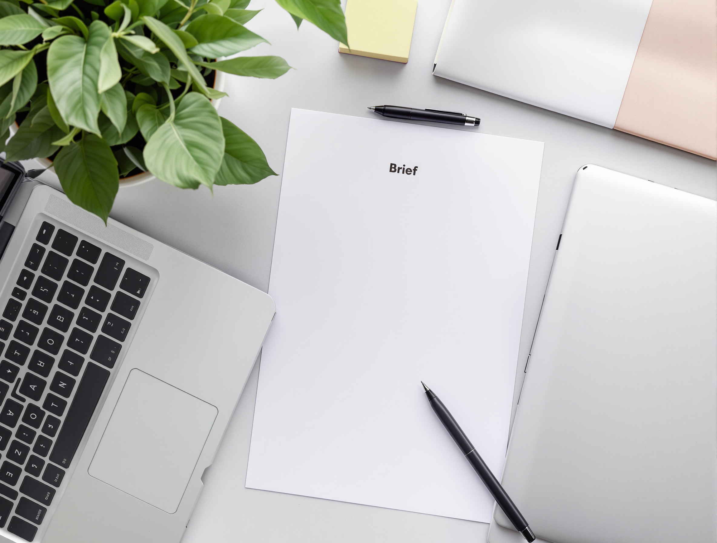 A desk setup for turning research into a one-page brief deliverable.