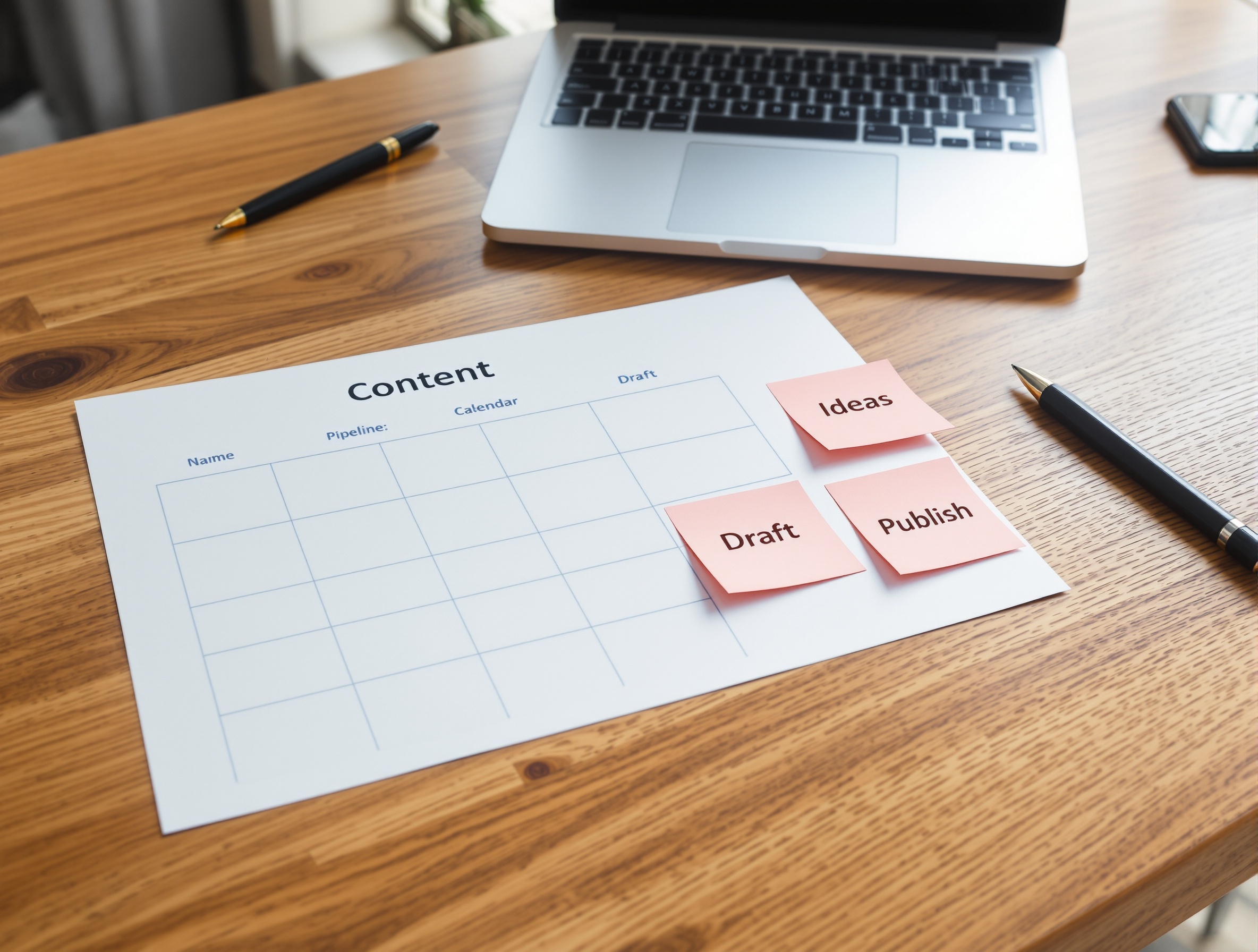 A simple content pipeline laid out on a desk next to a laptop