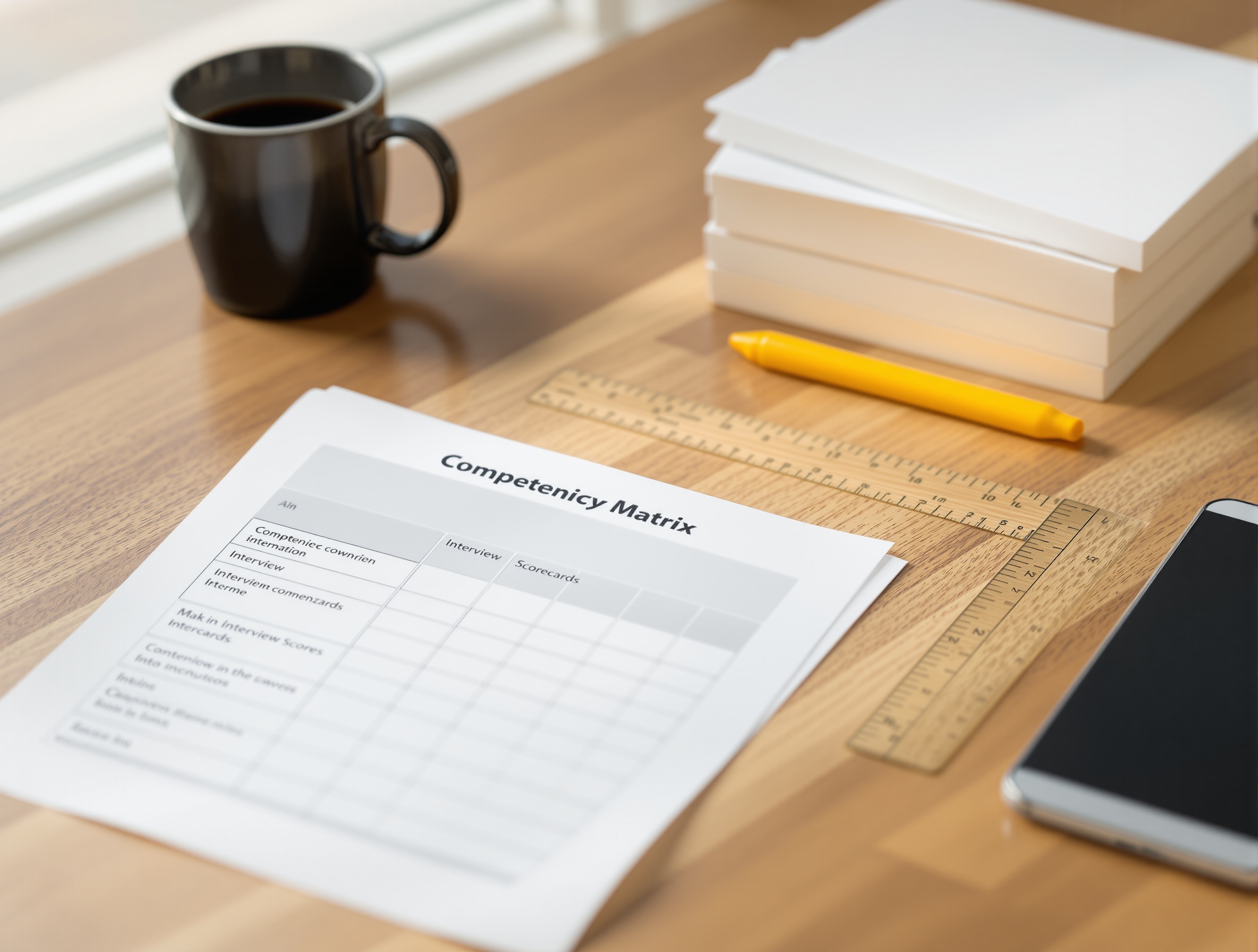Printed competency matrix and blank interview scorecards laid out on a desk